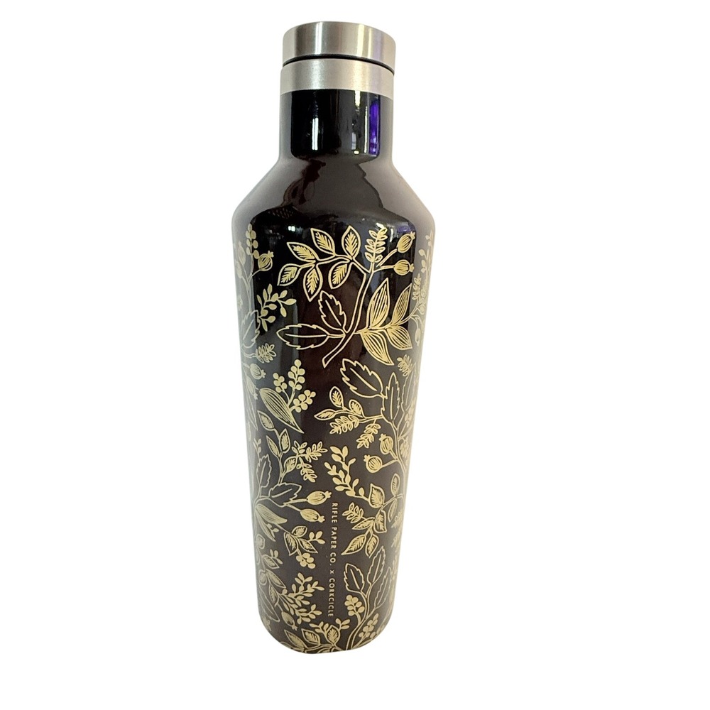 Corkcicle Rifle Paper Co Floral Water‎ Bottle Tumbler Black Gold 16 oz
